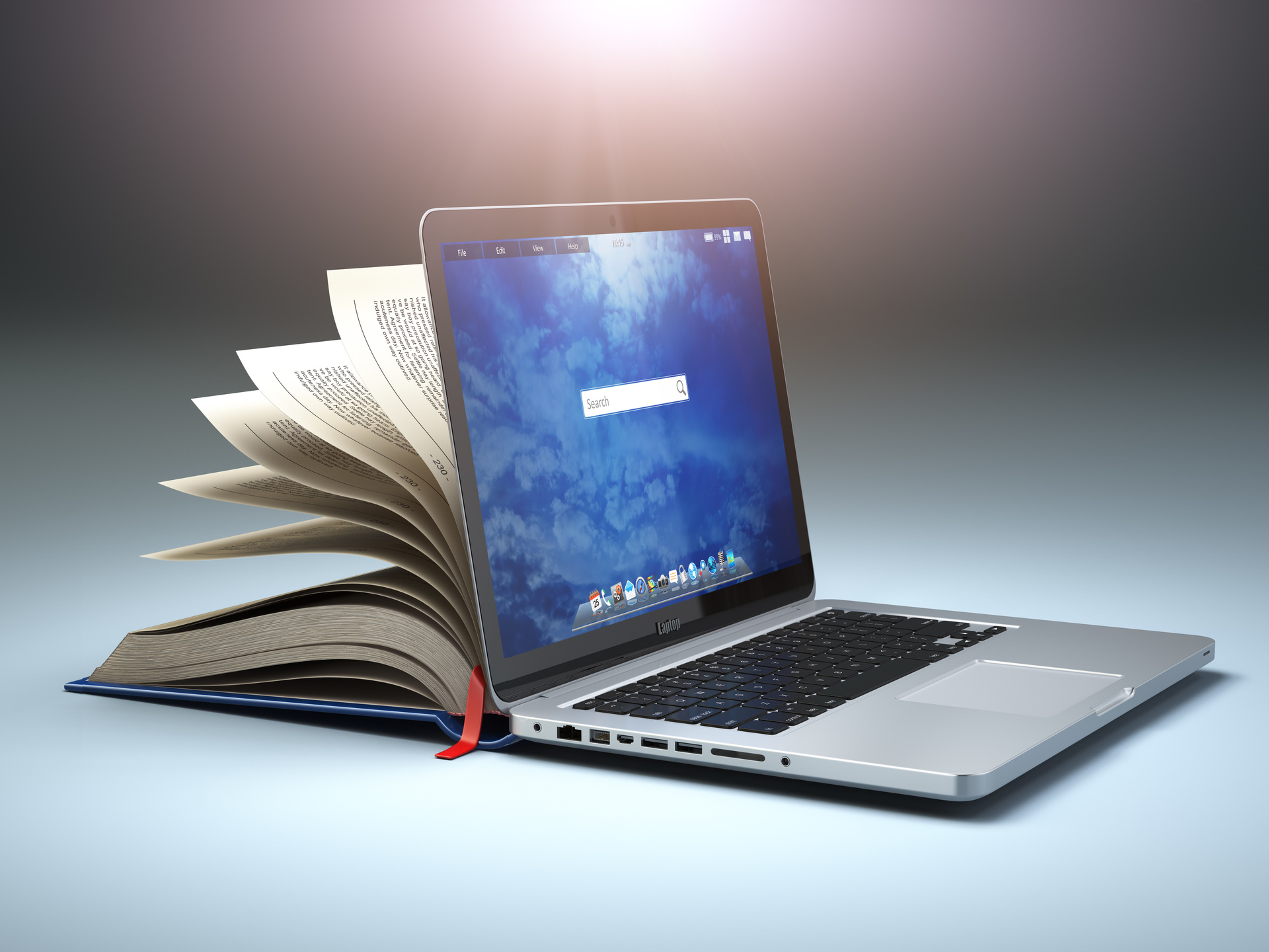 Online Library Or E Learning Concept. Open Laptop And Book Compilation.
