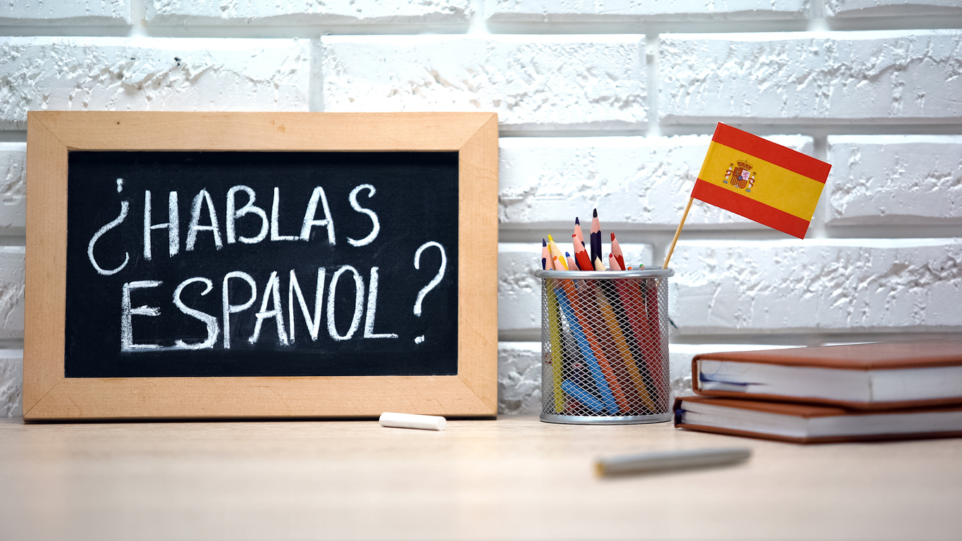 Do You Speak Spanish Written On Board, International Flag In Box, Language