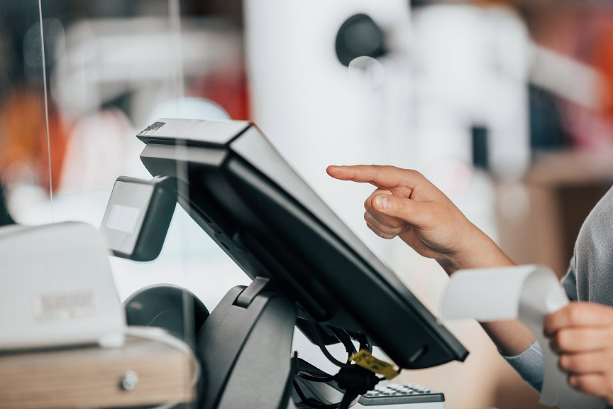 Young Saleswoman Doing Process Payment On The Touchscreen Pos, Counting Sale In The Cash Register, Finance Concept